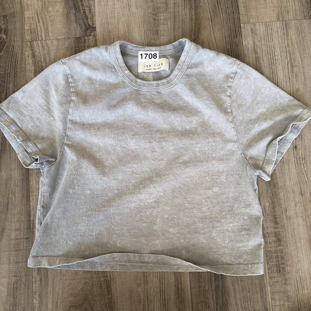 LES TIEN Women's Thick Cotton Gray Acid Mineral Wash Cropped T-Shirt Size Small
